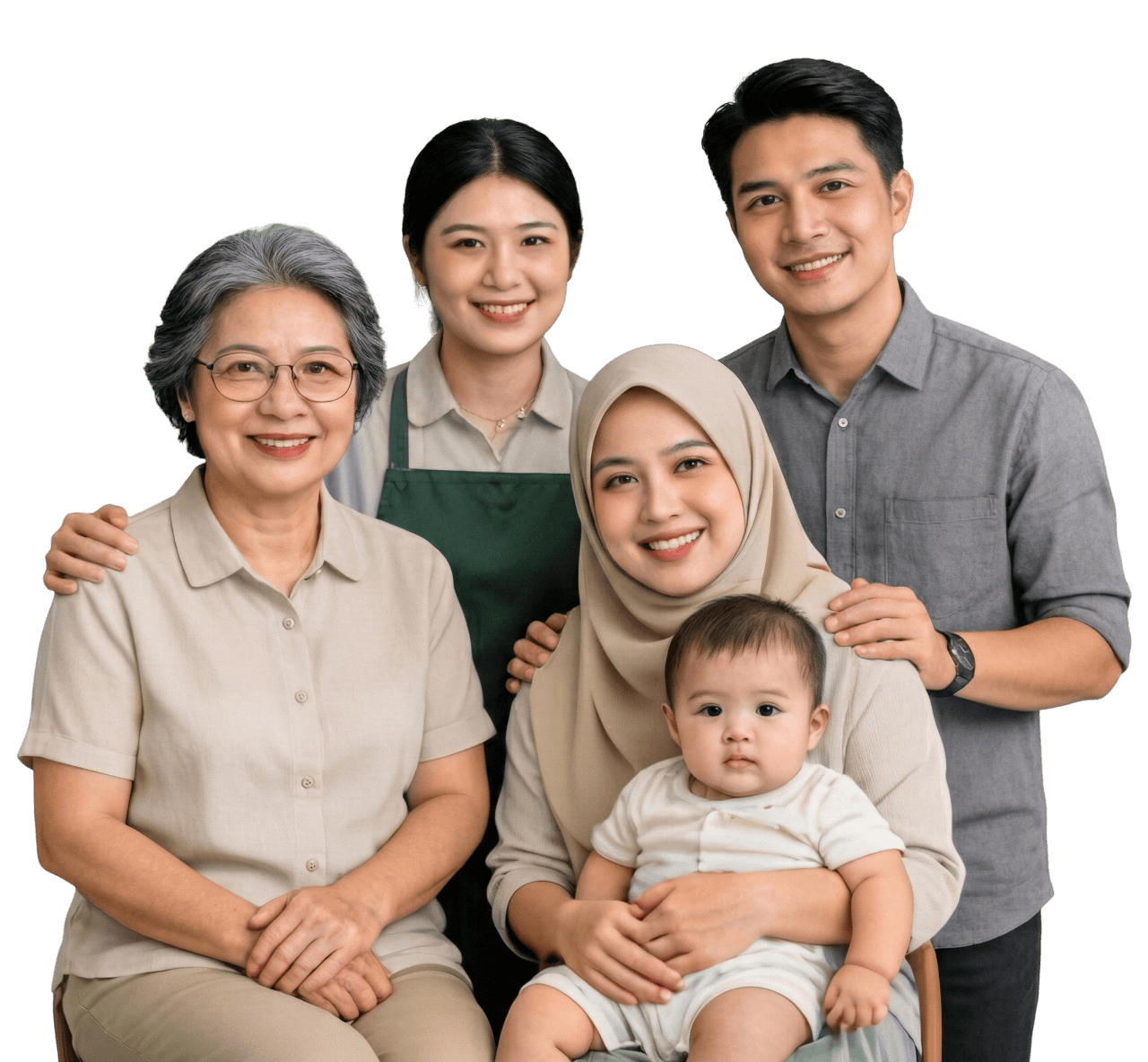 Happy multi-generational family with helper