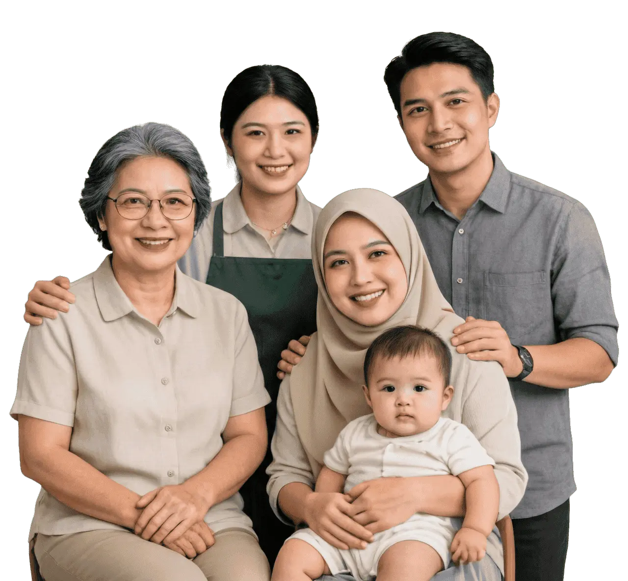 Happy multi-generational family with helper